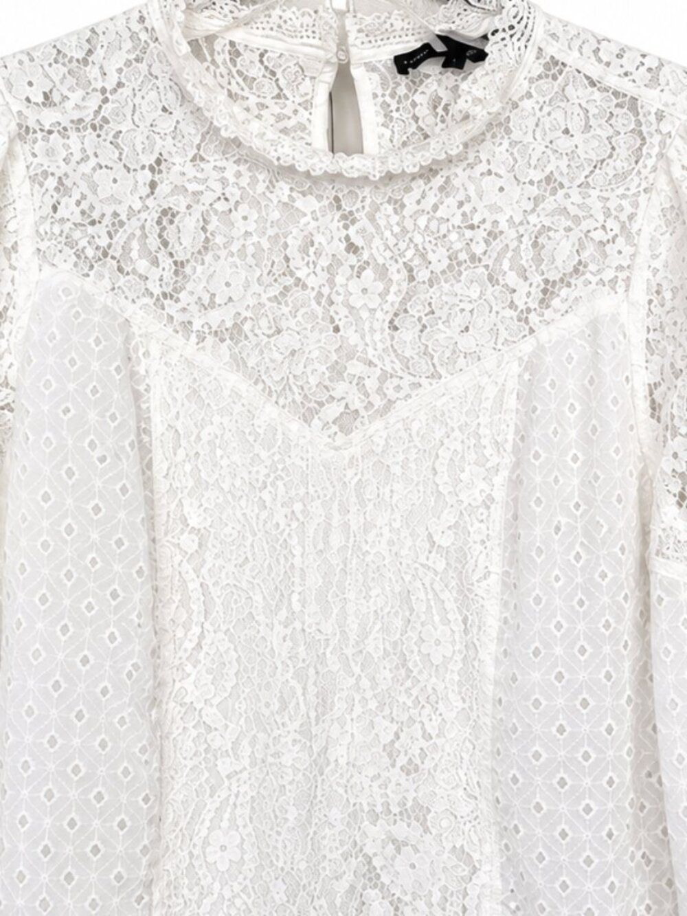 White House Black Market Lace Blouse sz 12 Mock Neck Ruffle Feminine Top - Picture 4 of 9